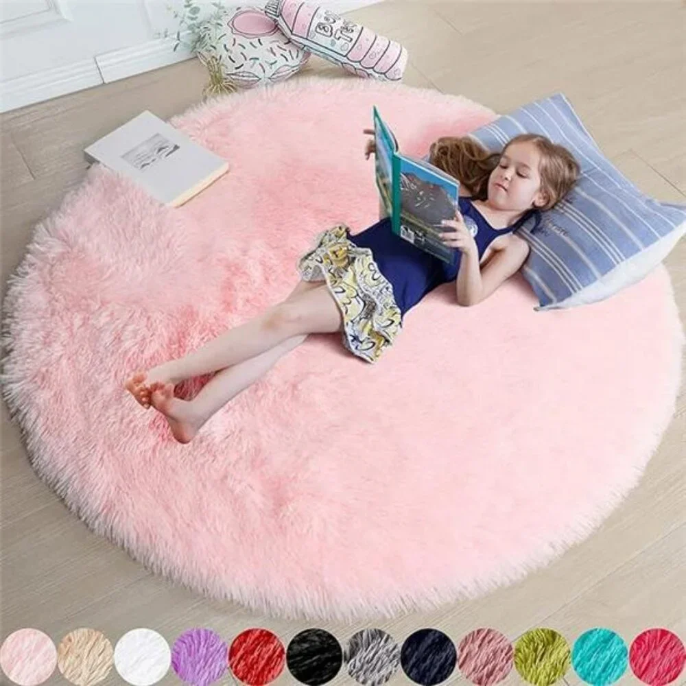Pink Round Fluffy Rug 4ft Washable Shag Carpet for Girls Bedroom Kids Room
